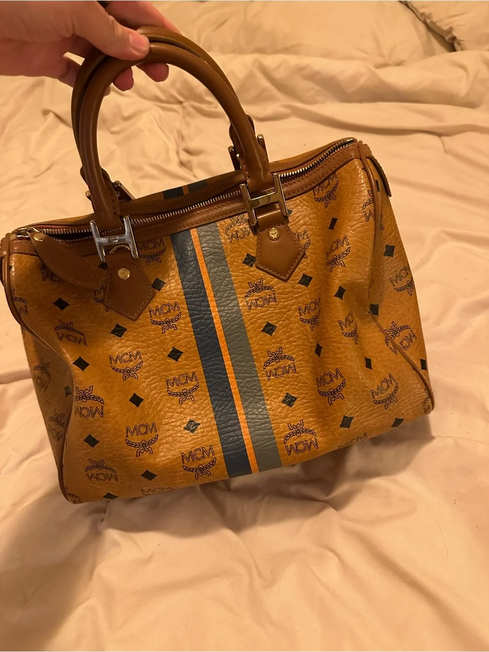 MCM Cognac Visetos Satchel with Navy and Orange Center Stripes